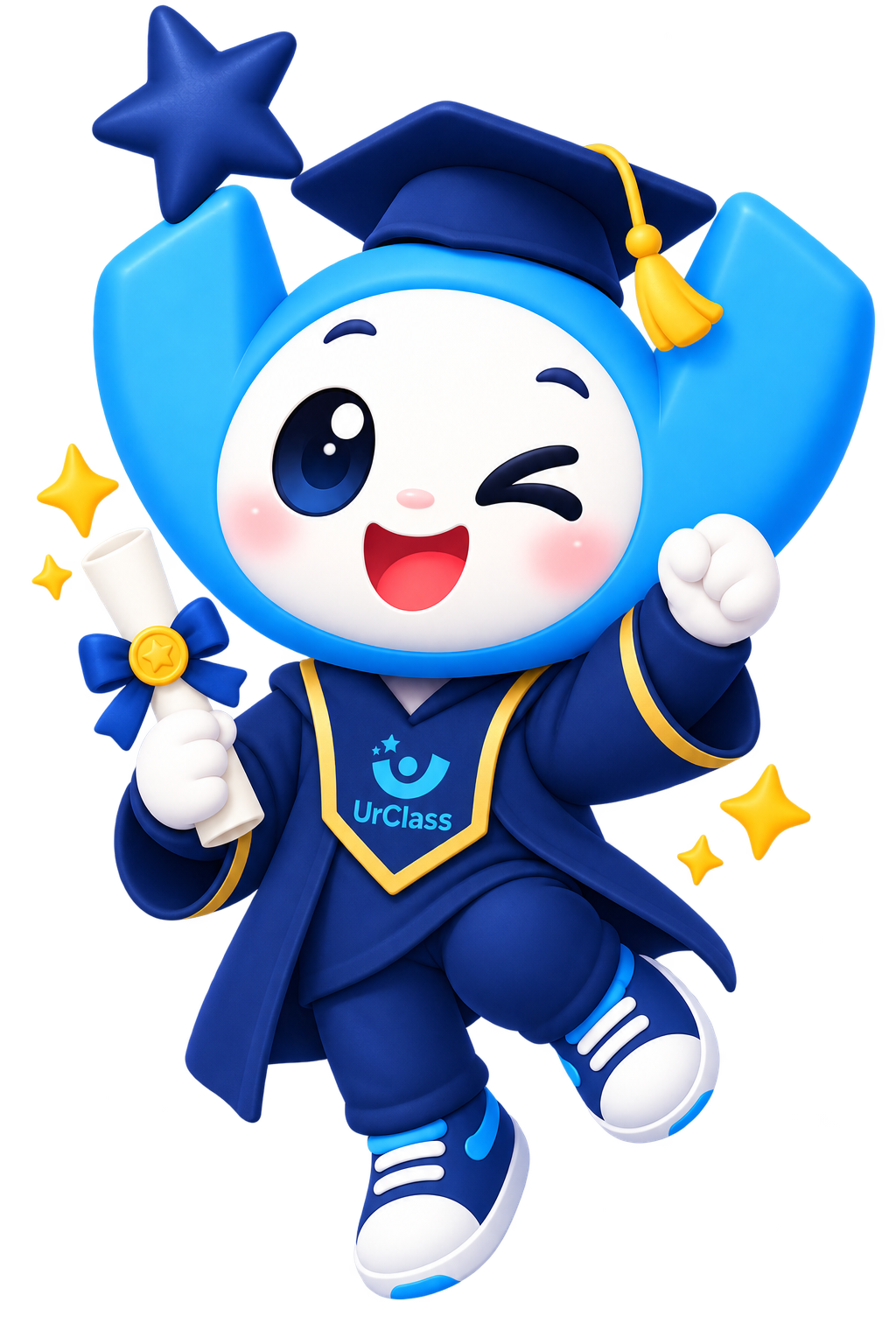 Maskot UrClass memakai toga kelulusan