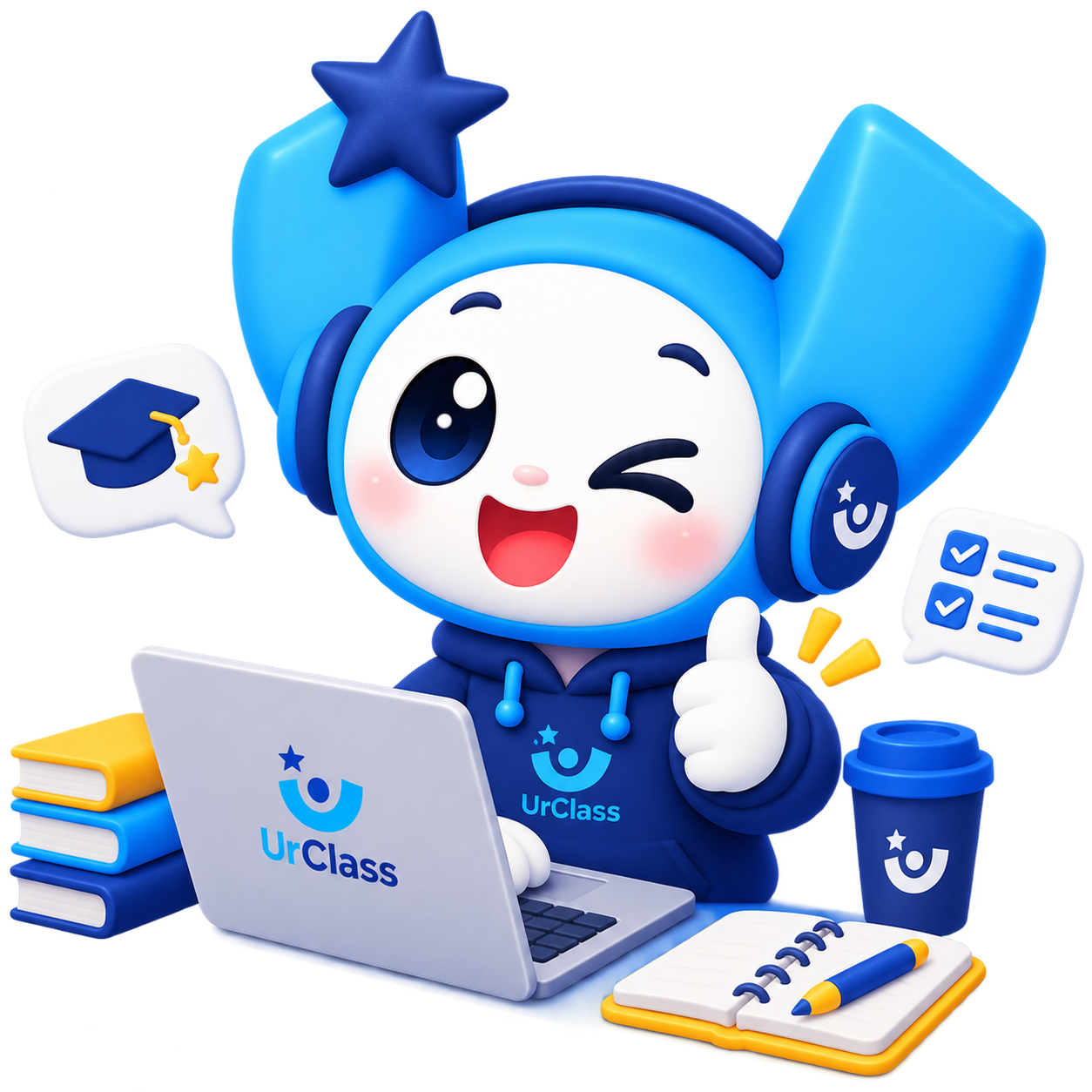 Maskot UrClass memberi jempol untuk pilihan paket belajar